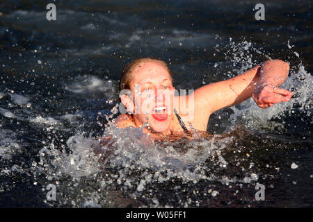 Heidi Edgecone nuota verso la riva dopo salta fuori il ponte nel Burley laguna durante il trentunesimo annuale orso polare su Gennaio 1, 2015 in Olalla, Washington. Oltre 500 hardy partecipanti alla annuale sul primo giorno del nuovo anno la tradizione saltando in le fredde acque della laguna durante l annuale Orso Polare tuffo. UPI /Jim Bryant Foto Stock