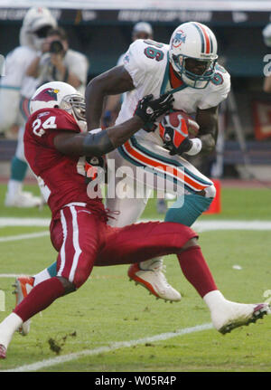 Miami Dolphins wide receiver Marty Booker (86) guadagna yardage Novembre 7, 2004 contro l'Arizona Cardinals al Pro Player Stadium di Miami, FL. L'Arizona Cardinals battere i delfini di Miami 24-23. (UPI foto/Susan Knowles) Foto Stock