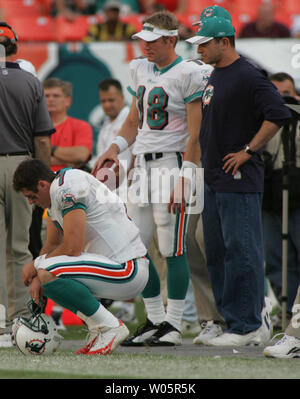 Miami Dolphins quarterback A.J. Feeley (7) mostra emozione aftter gettando il suo VII intercettazione come compagni di squadra Jay Fiedler e backup quarterback Sage Rosenfels guardare il 5 dicembre 2004 contro le fatture della Buffalo al Pro Player Stadium di Miami , Fl. Le fatture della Buffalo battere i delfini di Miami 42-32 (UPI foto/Susan Knowles) Foto Stock