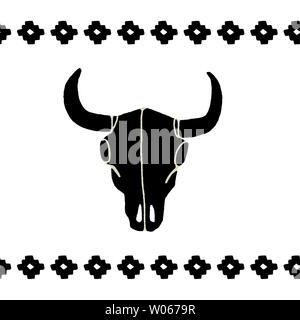 Vettore teschi nero buffalo, bull o vacca su uno sfondo bianco. Disegnate a mano la grafica. Wild West simbolo segno. Emblema Vintage teschio di mucca con le corna. Illustrazione Vettoriale