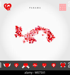 Io amo Panama. Rosso e Cuori rosa Pattern mappa di Panama isolato su sfondo grigio. Amore Icon Set. Foto Stock