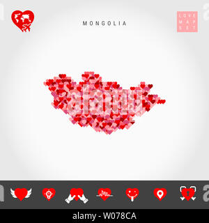 Io amo la Mongolia. Rosso e Cuori rosa Pattern Mappa della Mongolia isolato su sfondo grigio. Amore Icon Set. Foto Stock