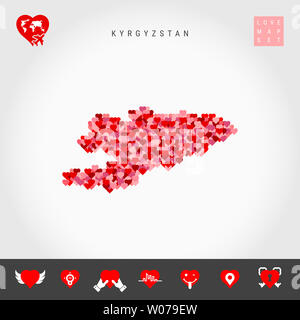 Io amo il Kirghizistan. Rosso e Cuori rosa Pattern Mappa del Kirghizistan isolato su sfondo grigio. Amore Icon Set. Foto Stock