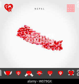 Io amo il Nepal. Rosso e Cuori rosa Pattern Mappa del Nepal isolato su sfondo grigio. Amore Icon Set. Foto Stock