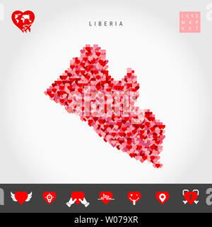 Io amo la Liberia. Rosso e Cuori rosa Mappa di pattern della Liberia isolato su sfondo grigio. Amore Icon Set. Foto Stock