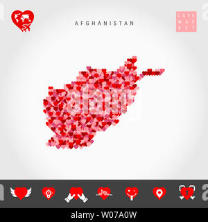 Io amo l'Afghanistan. Rosso e Cuori rosa Pattern Mappa di Afghanistan isolati su sfondo grigio. Amore Icon Set. Foto Stock