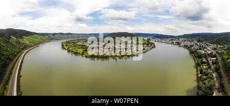 Antenna vista panorama su Filsen, Boppard am Rhein river, Medio Reno loop (Mittelrheinschleife, Mittelrhein). Renania Palatinato (Renania-Palatinato), Foto Stock