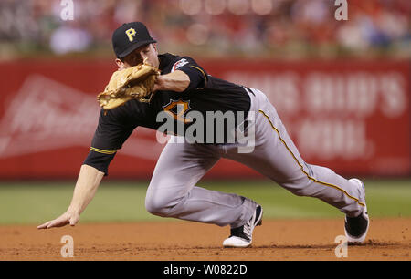 Pittsburgh Pirates David Freese intoppi una linea drive off the bat di San Louis Cardinals Jose Martinez per un out nel secondo inning al Busch Stadium di San Louis il 8 settembre 2017. Foto di Bill Greenblatt/UPI Foto Stock