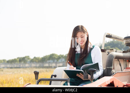 Giovane donna cinese agonomist in golden campo di cereali con piccole harvester Foto Stock