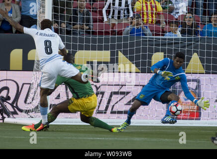 Giamaica il goalie Andre Blake (R) rende un salvataggio su una ripresa dell Uruguay Abel Hernandez (8) nel primo semestre a Copa America Centenario a Levi's Stadium di Santa Clara, California, 13 giugno 2016. Uruguay ha vinto 3-0. Foto di Terry Schmitt/UPI Foto Stock