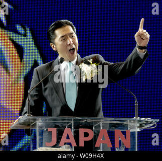 Co-presidente della pace universale Federazione (UPF), il dott. Hyun jin Luna parla durante la pace globale Festival in Tokyo, Giappone, il 15 novembre 2008. (UPI foto/Keizo Mori) Foto Stock