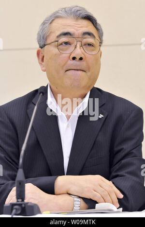 Toshio Nishizawa, presidente della Tokyo Electric Power Co. (Tepco), parla nel corso di una conferenza stampa a Tokyo in Giappone, il 9 agosto 2011. UPI/Keizo Mori Foto Stock