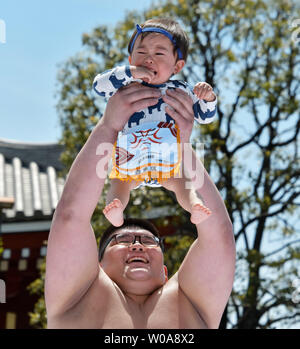 Un bambino tenuto da un dilettante lottatore di sumo grida durante il 'baby pianto contest (Naki Sumo)" presso il tempio di Sensoji a Tokyo in Giappone il 28 aprile 2019. Questo concorso avviene per i genitori che desiderano una buona salute e di forza per i bambini dal 1986. Foto di Keizo Mori/UPI Foto Stock