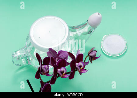 Neti Pot con Soft Comfort punta, pila di soluzione salina e viola i fiori di orchidea su sfondo verde. Lavaggio del seno. Irrigazione nasale. Foto Stock