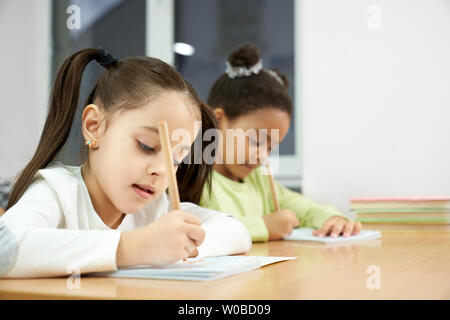 Allegro belle ragazze della scuola primaria in scrittura copybook con matita. Carino, concentrato studentesse seduta in Aula, cercando in notebook, ponendo a lezione. Foto Stock