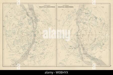 Settentrionale e Meridionale emisferi celesti. Stella grafici. Bartolomeo 1898 mappa Foto Stock