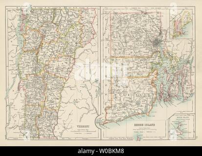 La Rhode Island e Vermont mappe di stato che mostra le contee. Bartolomeo 1898 vecchio Foto Stock