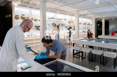 24 giugno 2019, Baden-Wuerttemberg, Karlsruhe: Alexander Wolny (l), chief illustrativa di della mostra "Archäologie in Baden - Expothek¹ ' presenta un oggetto a un utente nel Badisches Landesmuseum di Karlsruhe Castello, una spada dalla età del bronzo databile intorno al 1300-1200 A.C. La mostra sarà aperta dal 13 luglio 2019. Dalla spada dall'età del bronzo di preziosi gioielli - nel laboratorio del museo delle parti interessate può guardare intorno 1500 oggetti storici sulla base di un catalogo digitale e su richiesta anticipata - e in alcuni casi anche tenere nelle loro mani. (Per dpa: 'Badisches Landesmuseu Foto Stock