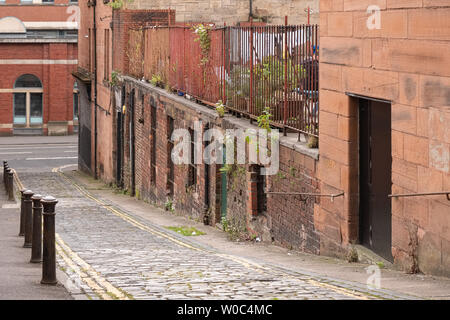 Antichi edifici trascurati proprietà in Glasgow con fiori selvatici e piante infestanti che cresce dal mattone antico lavoro e telai di finestre la bordatura le stradine acciottolate str Foto Stock