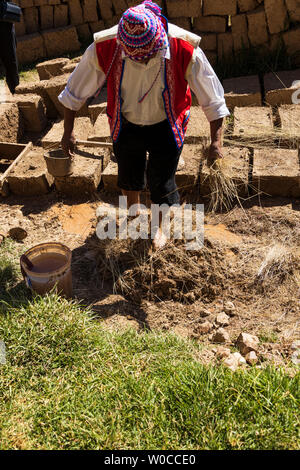 Come rendere Adobe blocchi di fango per la costruzione di case, Pisac, Valle Sacra, Perù, Sud America Foto Stock