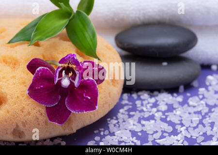 Spa Wellness Concept. Schiuma naturale Bagno & Doccia mare spugna, impilati pietre di basalto, bambù, orchidee e fiori di lavanda Sale di Epsom su sfondo viola Foto Stock