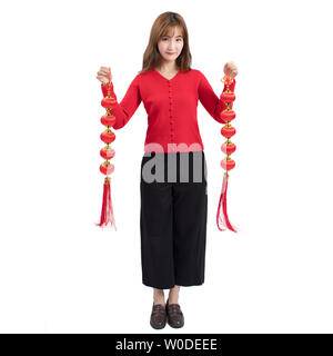 Bella donna di immagine del maglione rosso per il festival di festa Foto Stock