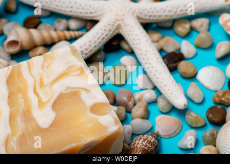 Fatte a mano ultra-idratante profumata di mandorle Latte di capra saponette decorate con piccoli ciottoli, stelle di mare e conchiglie di mare luminoso su sfondo blu. Foto Stock