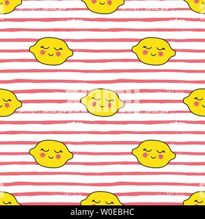 Limoni Kawaii Pattern. Vector seamless Texture di felice il giallo dei limoni su uno sfondo a strisce. Può essere utilizzato per la carta da parati, tessuti, carta da imballaggio, po Illustrazione Vettoriale