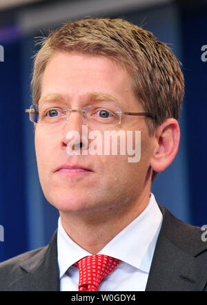 Segretario stampa della Casa Bianca Jay Carney detiene il daily briefing con la stampa alla Casa Bianca a Washington il 20 luglio 2011. UPI/Kevin Dietsch Foto Stock