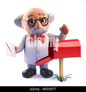 Immagine 3D di un 3d crazy mad professor scienziato prende mail dalla propria casella di posta elettronica Foto Stock