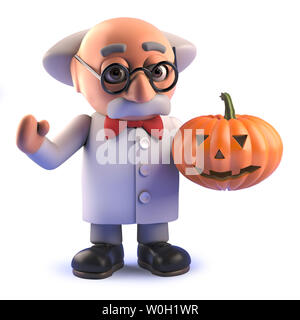 Una immagine rappresentata del 3d di un pazzo scienziato pazzo personaggio tenendo una zucca di Halloween Foto Stock