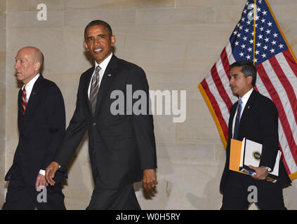Il Presidente Usa Barack Obama arriva presso il Campidoglio US per colloqui con la casa dei democratici, luglio 31, 2013, a Washington, DC. Le riunioni sono attesi al centro sulle questioni economiche dividendo repubblicani e democratici voce in autunno quando il Congresso ritorna dalla pausa estiva, compreso un eventuale arresto del governo. UPI/Mike Theiler Foto Stock