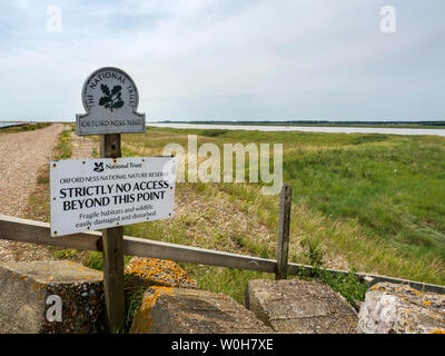 Orford Ness Riserva Naturale Nazionale National Trust strettamente nessun segno di accesso a Aldeburgh Suffolk in Inghilterra Foto Stock