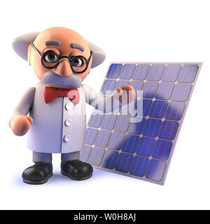 Immagine rappresentata in 3d di un cartoon in 3d mad professor scienziato carattere con una cella solare pannello di energia Foto Stock