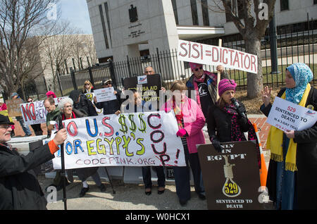 Membro del gruppo di attivisti CodePink e l'Egiziano gli americani per la democrazia e i diritti umani gruppo detengono un rally al di fuori dell'ambasciata egiziana per chiedere al governo egiziano di invertire le condanne a morte per 529 Egiziani accusati di presunta uccisione di un funzionario di polizia, il 27 marzo 2014 sul Campidoglio di Washington, DC. UPI/Kevin Dietsch Foto Stock