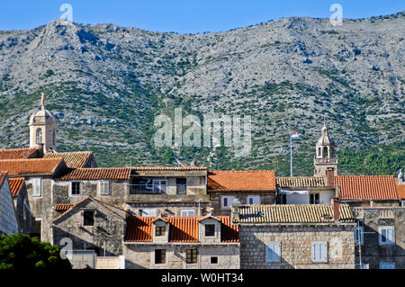 Vista panoramica della città di Korcula dal mare, Croazia Foto Stock