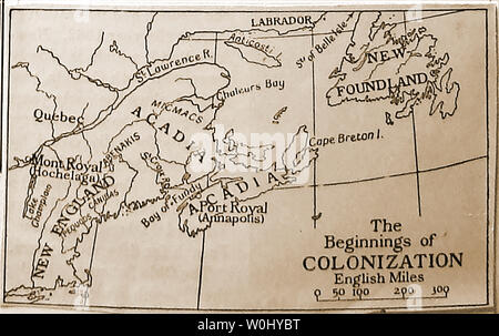 Un 1930 schoolbook mappa che mostra gli inizi della colonizzazione in America del Nord e Canada compresi Foundland Nuovo,Labrador,Acadia, Mont Royal (Hochelaga), Port Royal (Annapolis) etc e dei nativi americani tribù indiana dei nomi Foto Stock