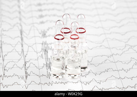 Close-up foto di fiale di farmaco sul grafico EKG. Foto Stock