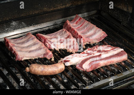 Barbecue con un fresco e costolette di maiale, carne di manzo e salsiccia di cacao Criollo. Il churrasco spagnolo Foto Stock