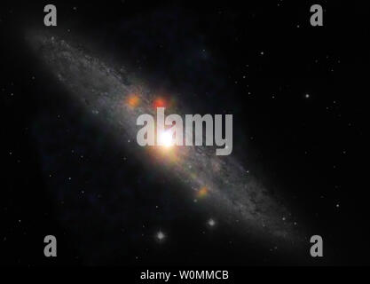 Lo scultore galaxy è visto in una luce nuova in questa immagine composita dalla NASA Nuclear Spectroscopic Telescope Array (NuSTAR) e l'Osservatorio europeo australe in Cile, che è stato recentemente rilasciato. I dati visibili dalla European Space Observatory mostra la spina dorsale della galassia composta di stelle, mentre NuSTAR dati che appaiono come blob colorati, mostrano raggi X ad alta energia. I risultati suggeriscono che il buco nero supermassiccio al centro dello scultore galaxy, noto anche come NGC 253, ha livellato off, o diventato inattivo, in passato decennio. I dati NuSTAR rivela anche una fonte di svasatura Foto Stock