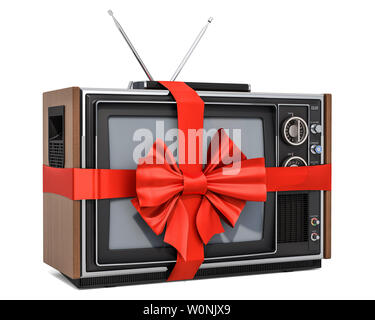 Concetto di dono, TV set con un nastro rosso e la prua. 3D rendering isolati su sfondo bianco Foto Stock