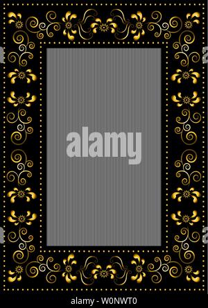 Nero telaio rettangolare calligrafico con motivo floreale e talloni sul nero rigato sfondo grigio Illustrazione Vettoriale