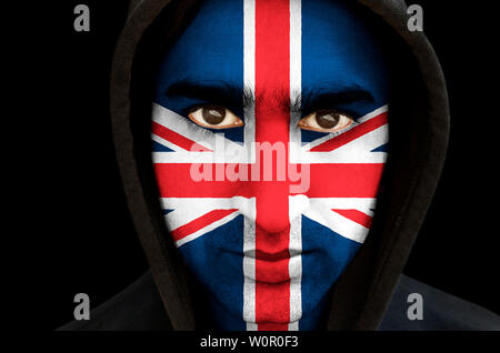 Closeup ritratto di un uomo con union jack flag face paint Foto Stock