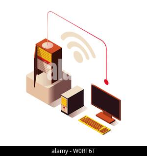 Wifi connessione wireless vettore illustrazione isometrica. Computer collegato a Internet server, hosting online, apparecchiature hardware. Data center, storage di database isolato 3d clipart Illustrazione Vettoriale