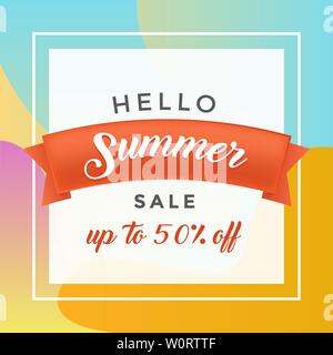 Sconto Estivo vettore piatto modello di pagina di intestazione. Estate offerta di vendita nella cornice quadrata sul nastro rosso. 50% prezzo inferiore pubblicità, gioco stagionale promozione, vendita al dettaglio deal layout poster Illustrazione Vettoriale
