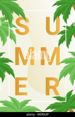 Estate piatto poster poster vettore modello. Alla moda di lettere maiuscole iscrizione nel telaio per la stagione calda ricreazione e relax. Palm decorativo foglie per la spiaggia di vacanze, vacanze banner il layout di progettazione Illustrazione Vettoriale
