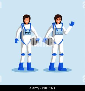 Cosmonauti femmina in spacesuits illustrazione piana. Gli astronauti sorridente squadra in piedi, agitando la mano e caschi di contenimento i personaggi dei cartoni animati. Missione spaziale, galaxy esplorazione clipart isolato Illustrazione Vettoriale