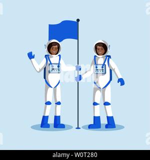 Gli astronauti team immissione bandiera illustrazione piana. Donna sorridente cosmonauti indossano tute spaziali, agitando la mano i personaggi dei cartoni animati. Pianeta alieno atterraggio sulla luna, esplorazione dello spazio isolato clipart Illustrazione Vettoriale