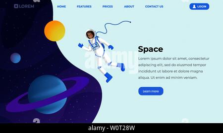 Esplorazione dello spazio flat landing page modello. Cosmonauta femmina nello spazio esterno, astronauta fluttuante nel cosmo a gravità zero caratteri vettoriali. Viaggio interstellare, avventura, viaggio creativo banner web Illustrazione Vettoriale