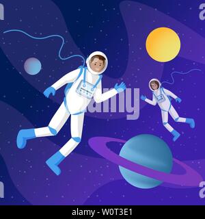 Gli astronauti nello spazio esterno appartamento illustrazione. Due cosmonauti in spacesuits fluttuante nel cosmo zero gravity cartoon caratteri vettoriali. Viaggio interstellare, avventura, esplorazione spaziale disegno Illustrazione Vettoriale